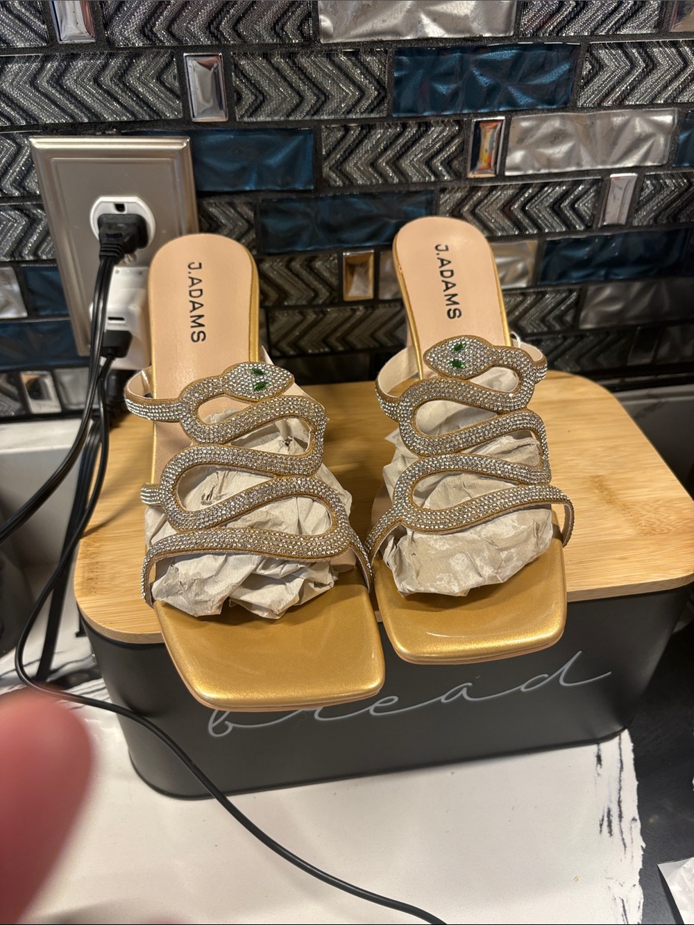 J. Adams Gold Crystal Snake Slide Heels
